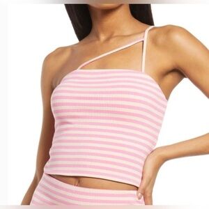 AFRM Ribbed Knit Crop Top Striped Saddle One Shoulder Square Neck Barbie Pink